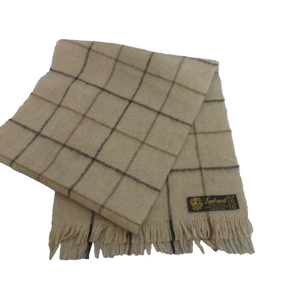 Reine Wolle Scarf Pure Lambswool 52" x 11" Zuiver Wol Light Brown Checks Fringe